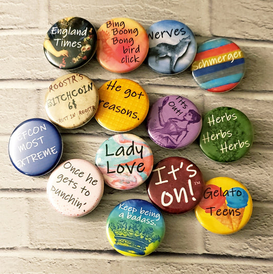 Heaving Bosoms Catchphrases Buttons - Pick 5