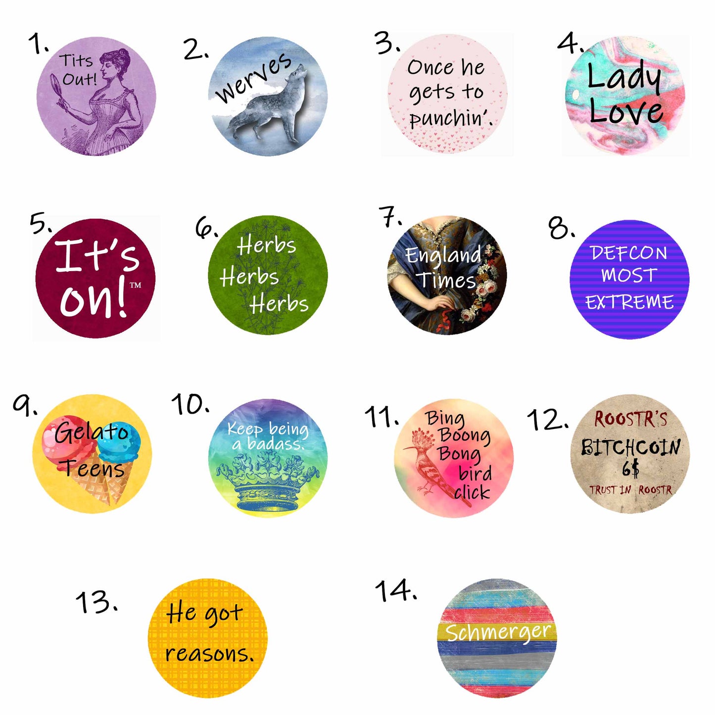 Complete Set of Heaving Bosoms Catchphrases Buttons (14)